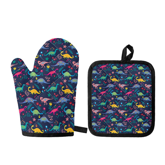 Cute Dino Floral Pattern Print Oven Mitt And Pot Holder Set
