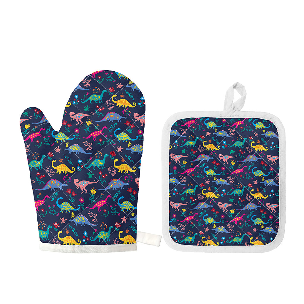 Cute Dino Floral Pattern Print Oven Mitt And Pot Holder Set