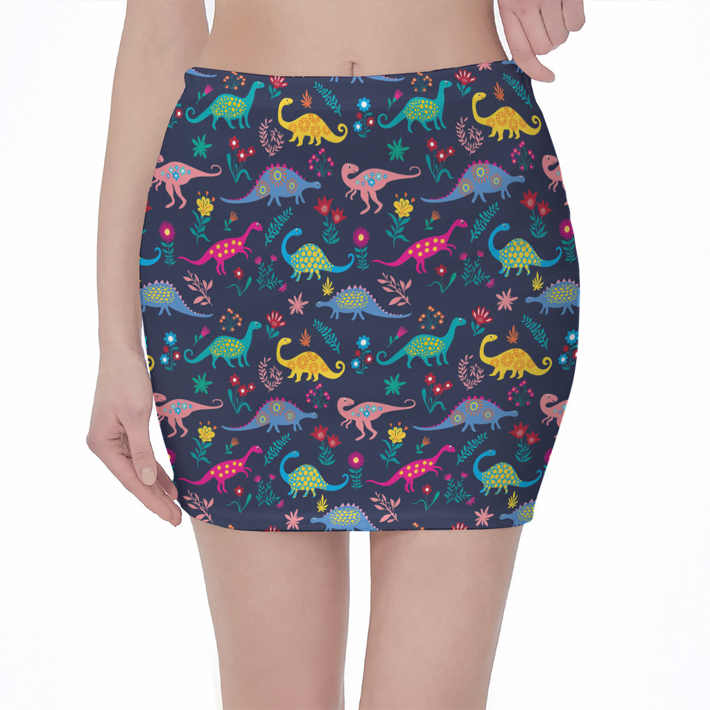 Cute Dino Floral Pattern Print Pencil Mini Skirt