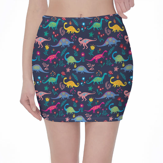 Cute Dino Floral Pattern Print Pencil Mini Skirt
