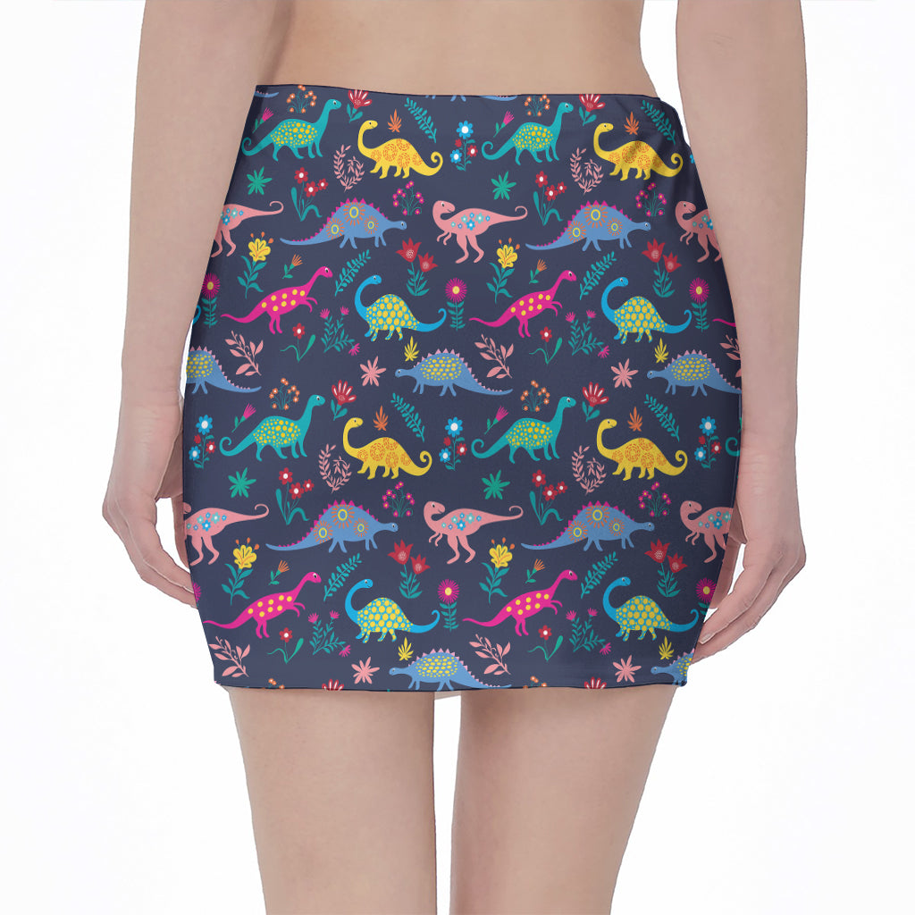 Cute Dino Floral Pattern Print Pencil Mini Skirt