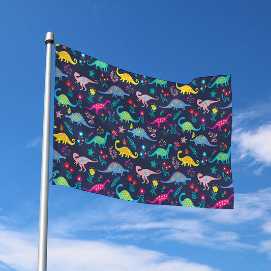 Cute Dino Floral Pattern Print Polyester Flag