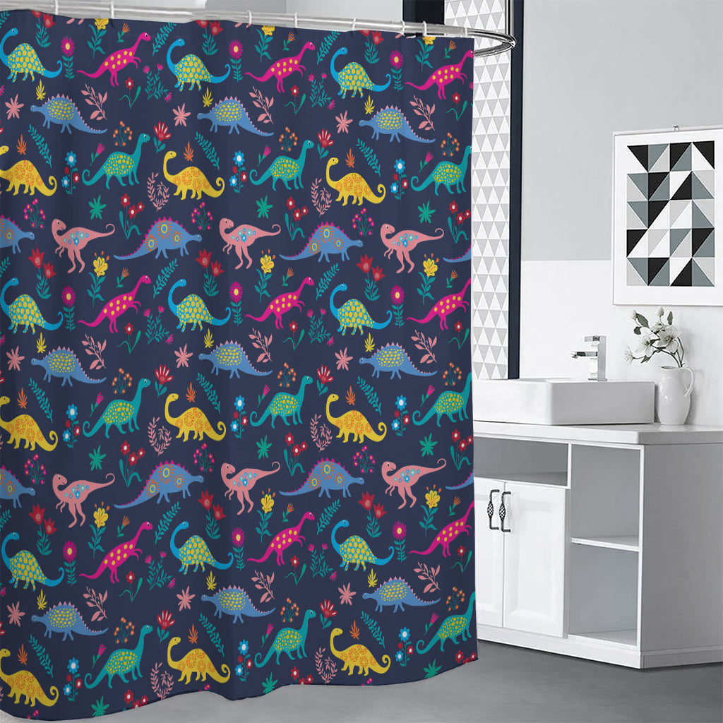 Cute Dino Floral Pattern Print Premium Shower Curtain