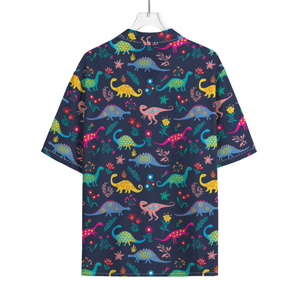 Cute Dino Floral Pattern Print Rayon Hawaiian Shirt