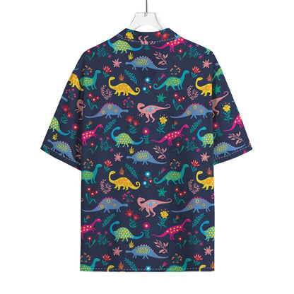 Cute Dino Floral Pattern Print Rayon Hawaiian Shirt