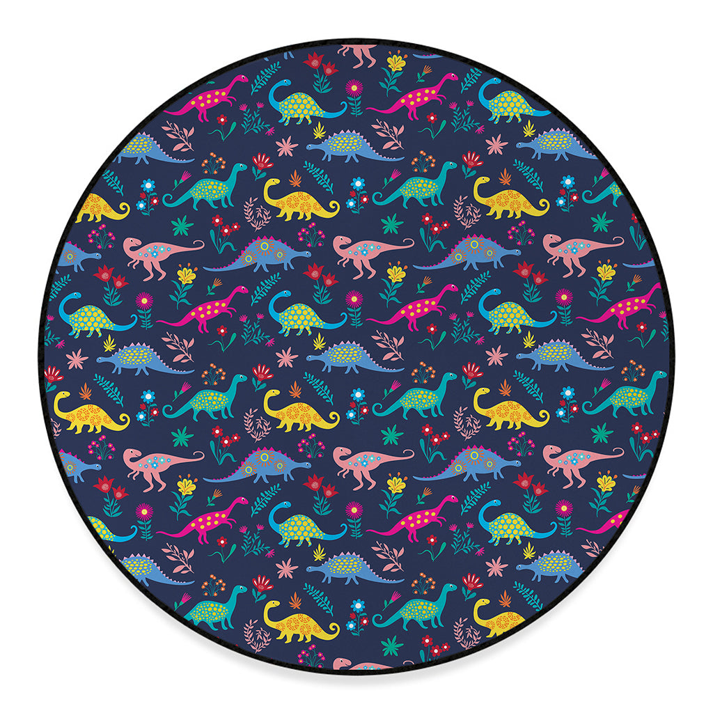 Cute Dino Floral Pattern Print Round Floor Mat