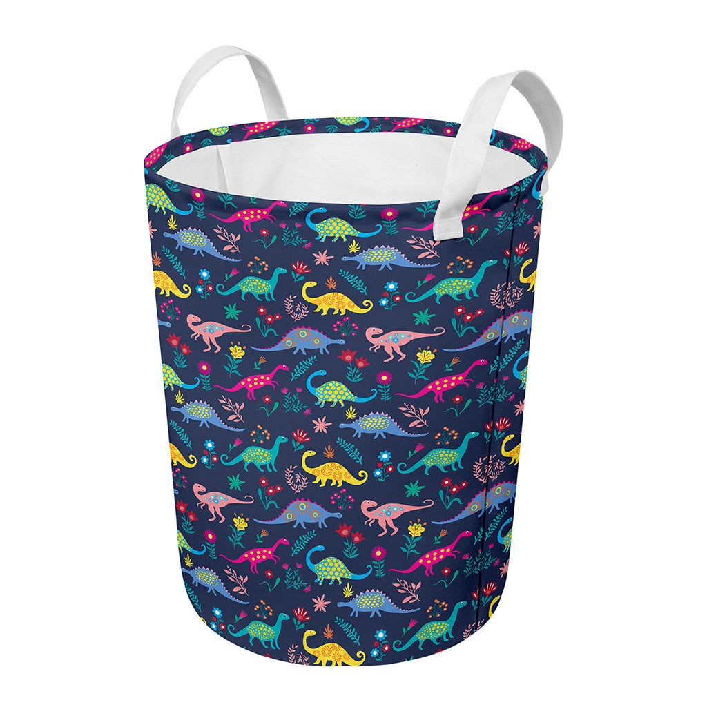Cute Dino Floral Pattern Print Round Laundry Basket