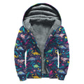 Cute Dino Floral Pattern Print Sherpa Lined Zip Up Hoodie
