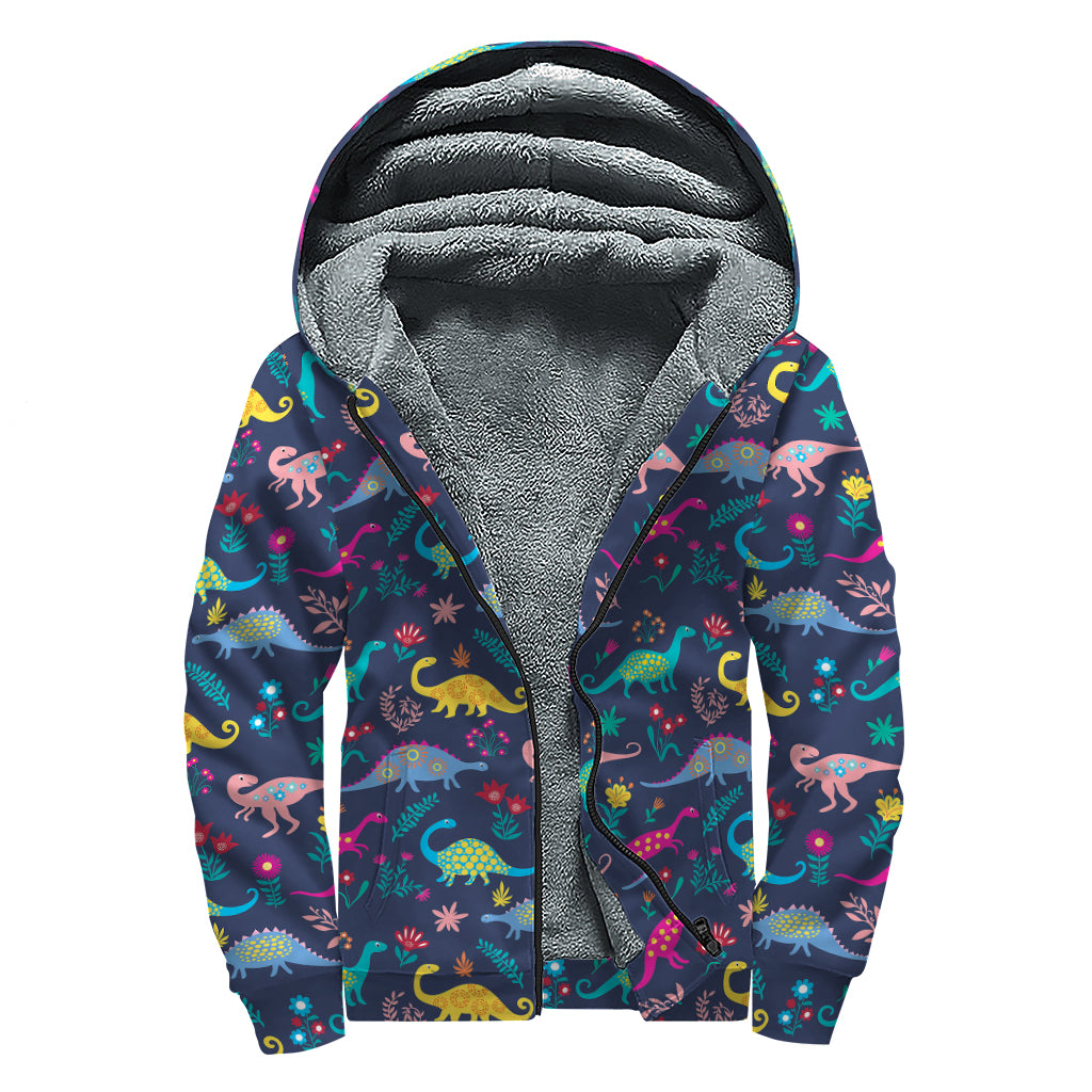 Cute Dino Floral Pattern Print Sherpa Lined Zip Up Hoodie