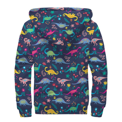 Cute Dino Floral Pattern Print Sherpa Lined Zip Up Hoodie