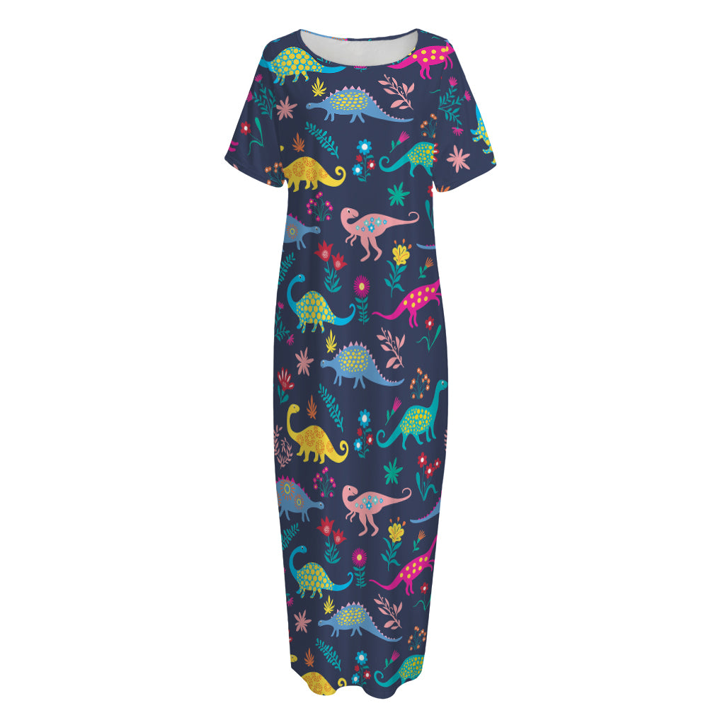 Cute Dino Floral Pattern Print Short Sleeve Long Nightdress