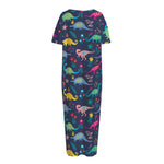 Cute Dino Floral Pattern Print Short Sleeve Long Nightdress