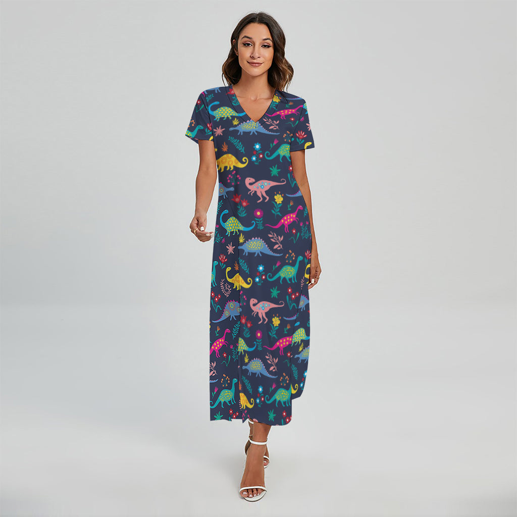 Cute Dino Floral Pattern Print Short Sleeve Maxi Dress