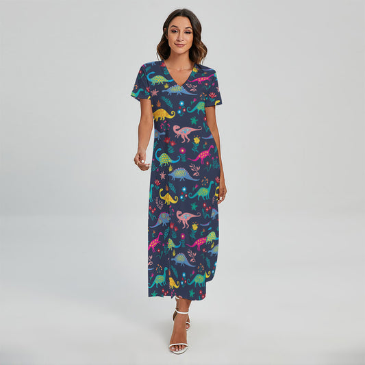 Cute Dino Floral Pattern Print Short Sleeve Maxi Dress