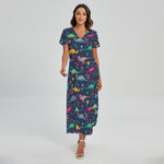 Cute Dino Floral Pattern Print Short Sleeve Maxi Dress