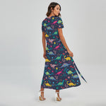 Cute Dino Floral Pattern Print Short Sleeve Maxi Dress