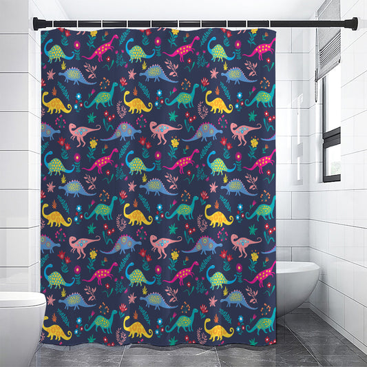 Cute Dino Floral Pattern Print Shower Curtain