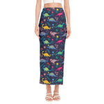 Cute Dino Floral Pattern Print Side Slit Maxi Skirt