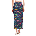 Cute Dino Floral Pattern Print Side Slit Maxi Skirt