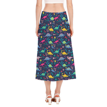 Cute Dino Floral Pattern Print Side Slit Midi Skirt