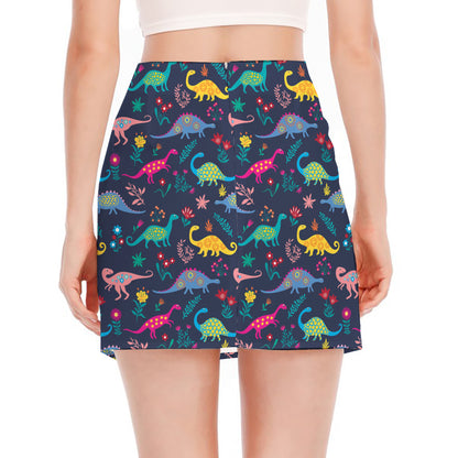 Cute Dino Floral Pattern Print Side Slit Mini Skirt