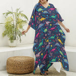 Cute Dino Floral Pattern Print Silk V-Neck Kaftan Dress