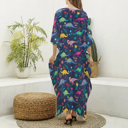 Cute Dino Floral Pattern Print Silk V-Neck Kaftan Dress