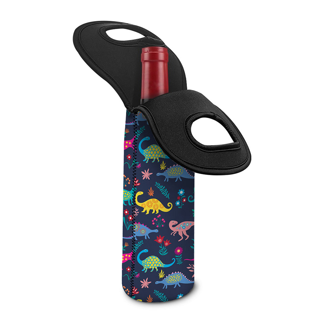 Cute Dino Floral Pattern Print Single Neoprene Wine Tote