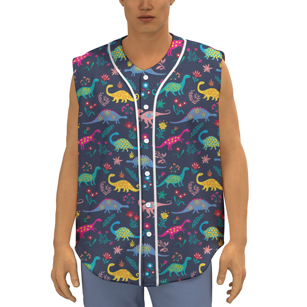 Cute Dino Floral Pattern Print Sleeveless Baseball Jersey
