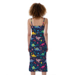 Cute Dino Floral Pattern Print Slim Fit Midi Cami Dress