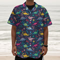 Cute Dino Floral Pattern Print Textured Short Sleeve Shirt