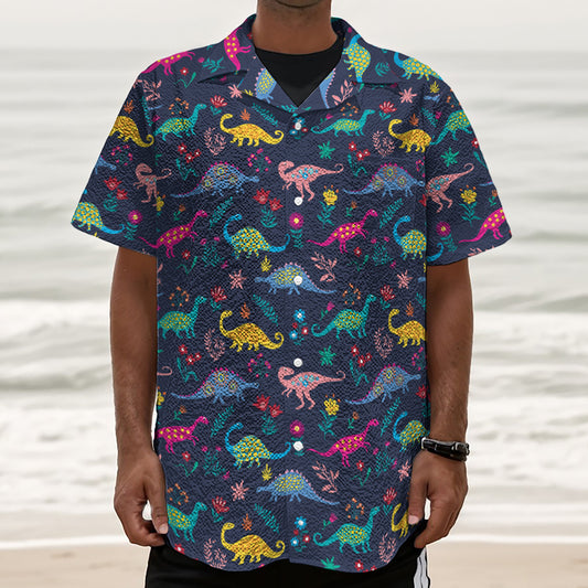 Cute Dino Floral Pattern Print Textured Short Sleeve Shirt