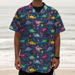 Cute Dino Floral Pattern Print Textured Short Sleeve Shirt