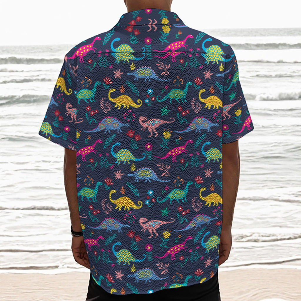 Cute Dino Floral Pattern Print Textured Short Sleeve Shirt