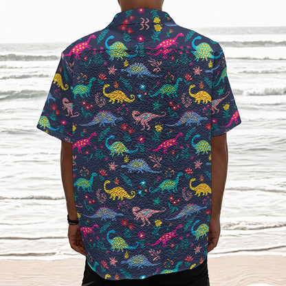 Cute Dino Floral Pattern Print Textured Short Sleeve Shirt
