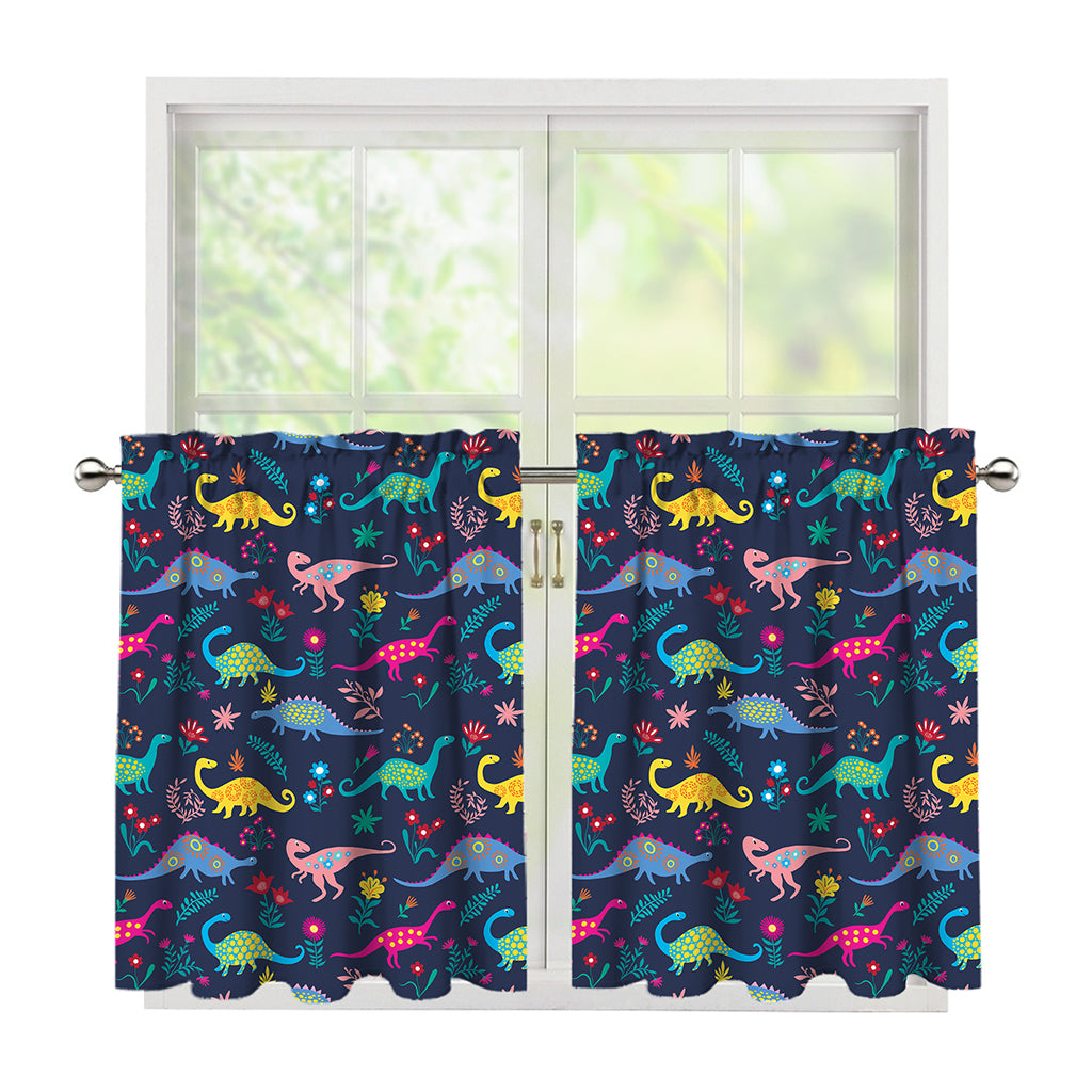 Cute Dino Floral Pattern Print Tier Curtains