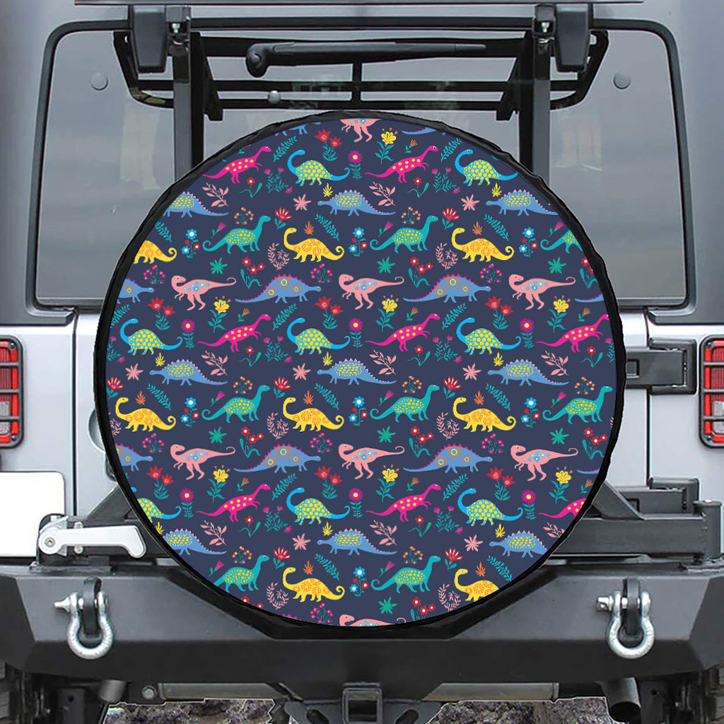Cute Dino Floral Pattern Print Tire Cover