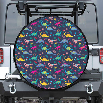 Cute Dino Floral Pattern Print Tire Cover