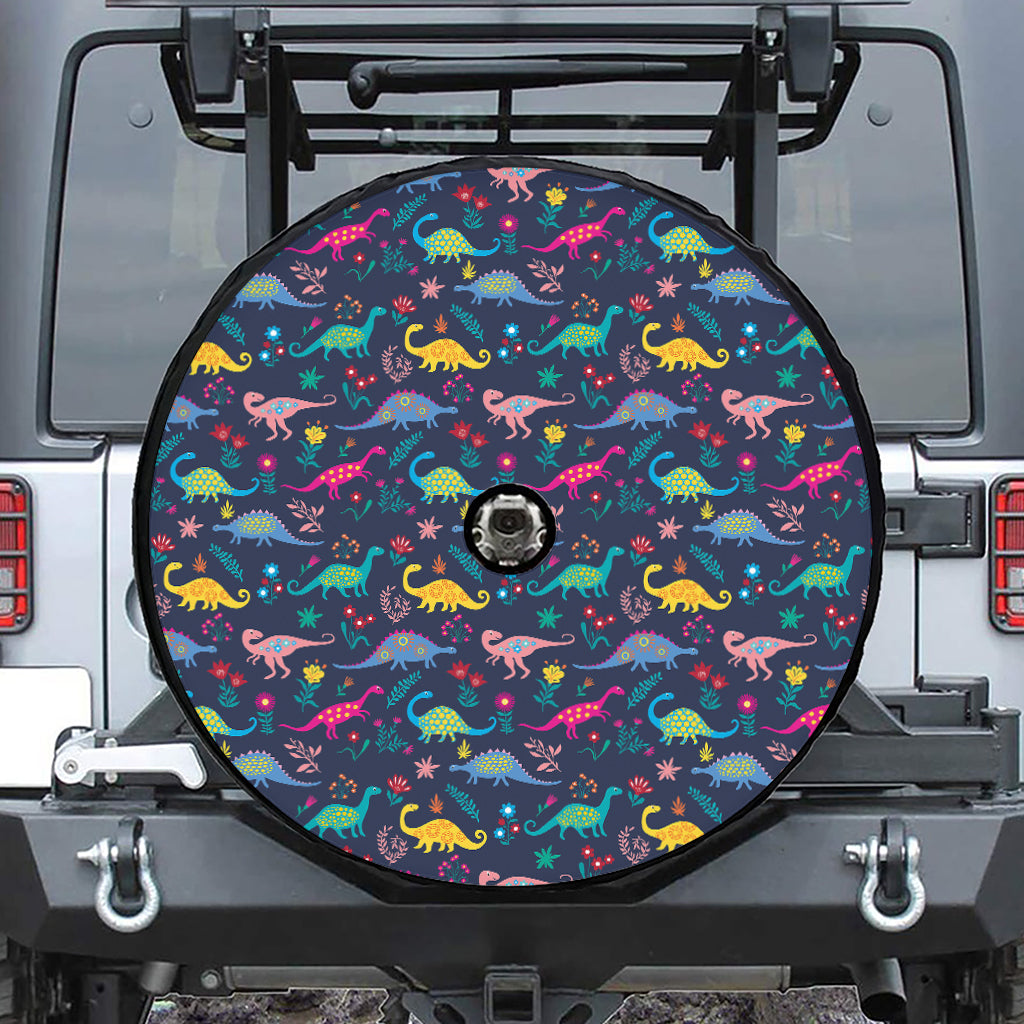 Cute Dino Floral Pattern Print Tire Cover With Camera Hole