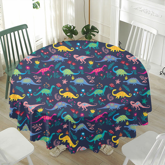 Cute Dino Floral Pattern Print Waterproof Round Tablecloth
