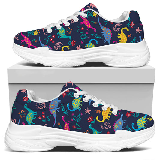 Cute Dino Floral Pattern Print White Chunky Shoes