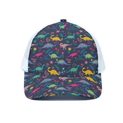Cute Dino Floral Pattern Print White Mesh Trucker Cap