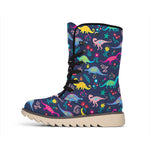 Cute Dino Floral Pattern Print Winter Boots