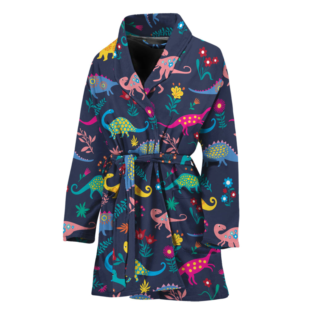 Cute Dino Floral Pattern Print Women's Bathrobe
