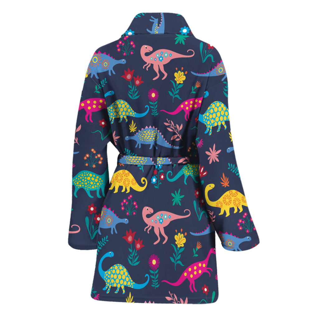 Cute Dino Floral Pattern Print Women's Bathrobe