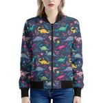 Cute Dino Floral Pattern Print Women's Bomber Jacket