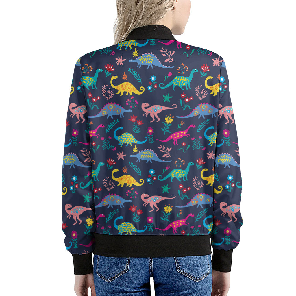 Cute Dino Floral Pattern Print Women's Bomber Jacket