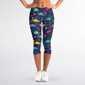 Cute Dino Floral Pattern Print Women's Capri Leggings
