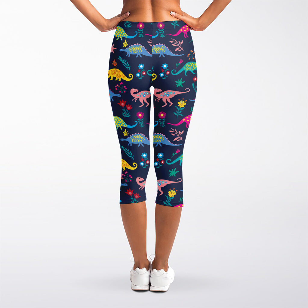 Cute Dino Floral Pattern Print Women's Capri Leggings