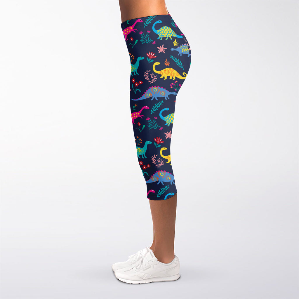 Cute Dino Floral Pattern Print Women's Capri Leggings